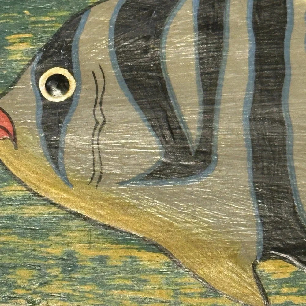 Vintage‎ Hinged Wooden Box Hand Painted Fish Moon & Stars Green Colorful